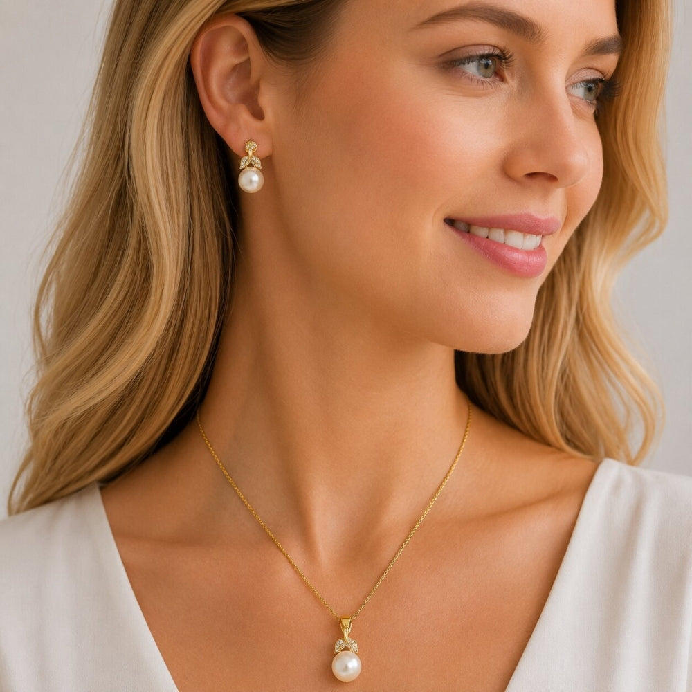 Oro Laminado Earring and Pendant Adult Set, Gold Filled Style Leaf and Ball Design, with Ivory Pearl and White Cubic Zirconia, Polished, Golden Finish