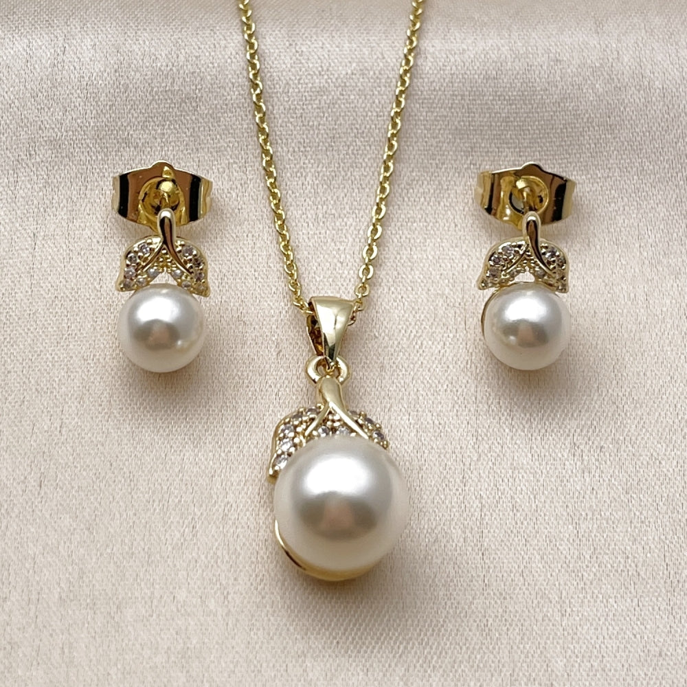 Oro Laminado Earring and Pendant Adult Set, Gold Filled Style Leaf and Ball Design, with Ivory Pearl and White Cubic Zirconia, Polished, Golden Finish