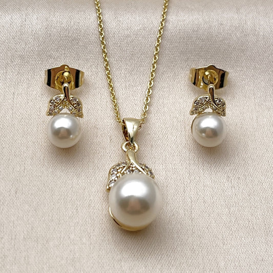 Oro Laminado Earring and Pendant Adult Set, Gold Filled Style Leaf and Ball Design, with Ivory Pearl and White Cubic Zirconia, Polished, Golden Finish