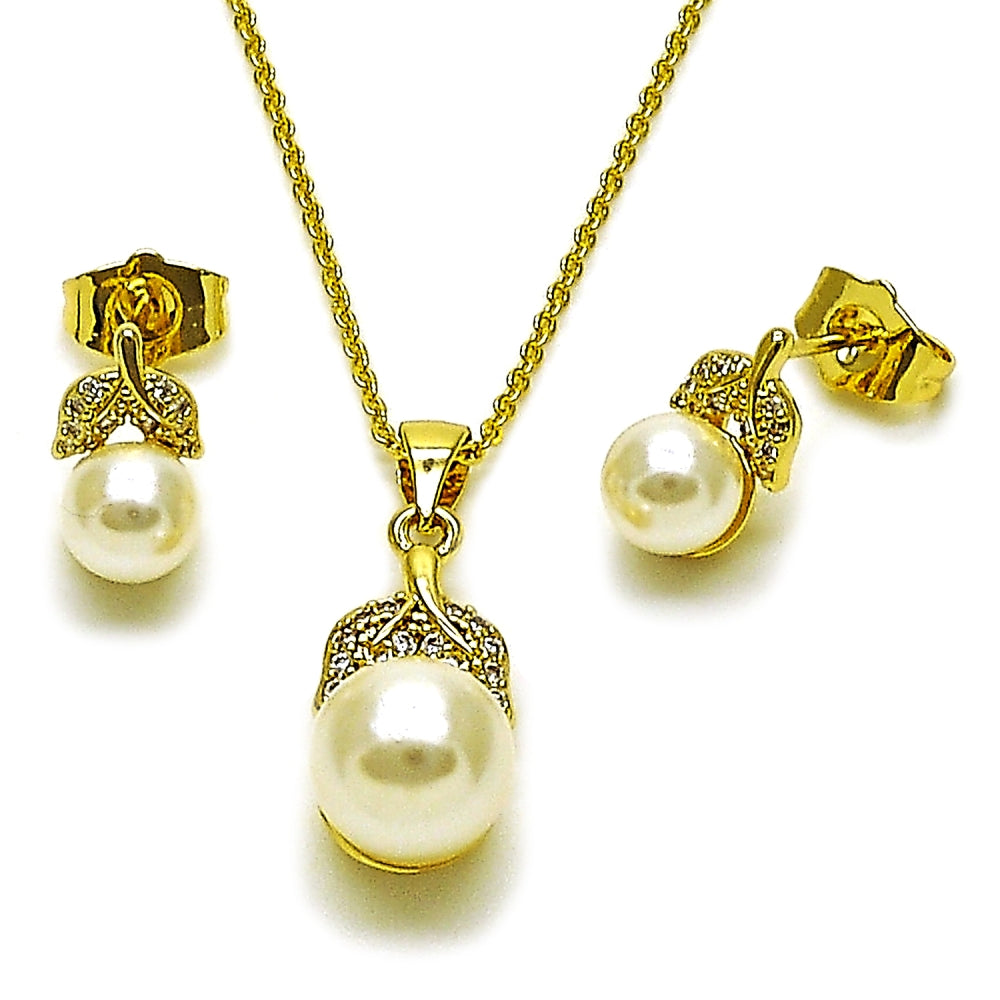 Oro Laminado Earring and Pendant Adult Set, Gold Filled Style Leaf and Ball Design, with Ivory Pearl and White Cubic Zirconia, Polished, Golden Finish