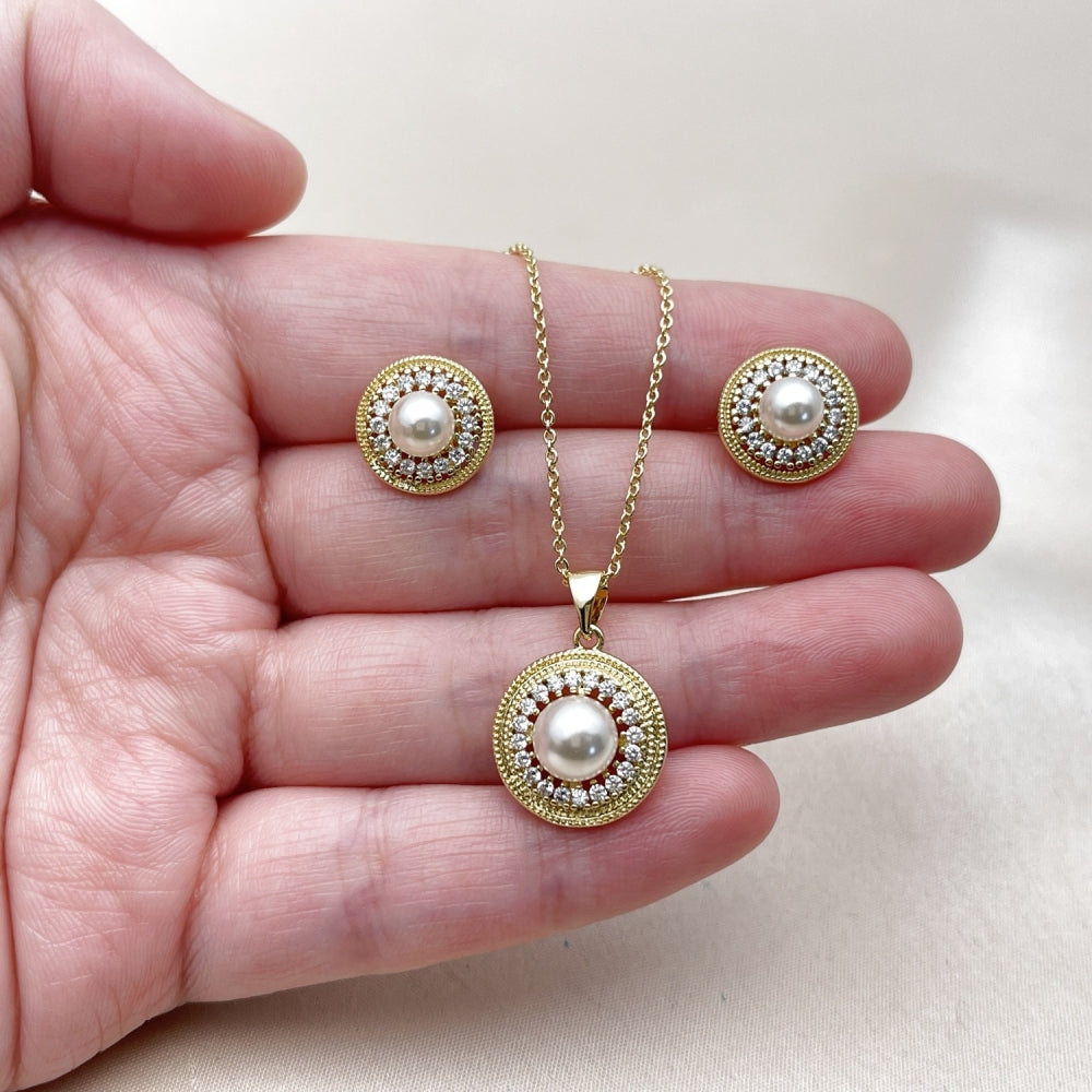 Oro Laminado Earring and Pendant Adult Set, Gold Filled Style Ball and Cluster Design, with Ivory Pearl and White Cubic Zirconia, Polished, Golden Finish