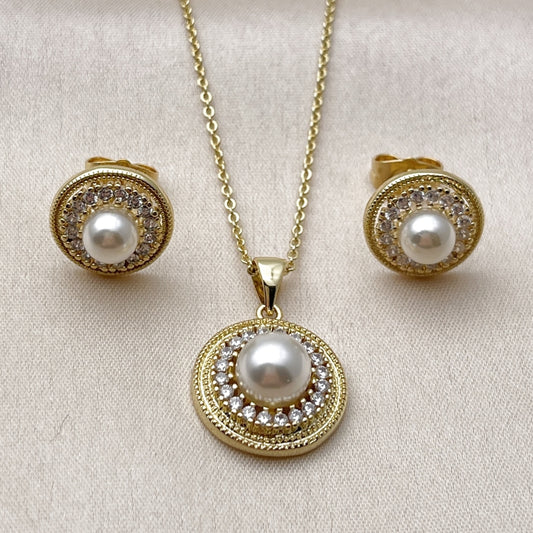 Oro Laminado Earring and Pendant Adult Set, Gold Filled Style Ball and Cluster Design, with Ivory Pearl and White Cubic Zirconia, Polished, Golden Finish