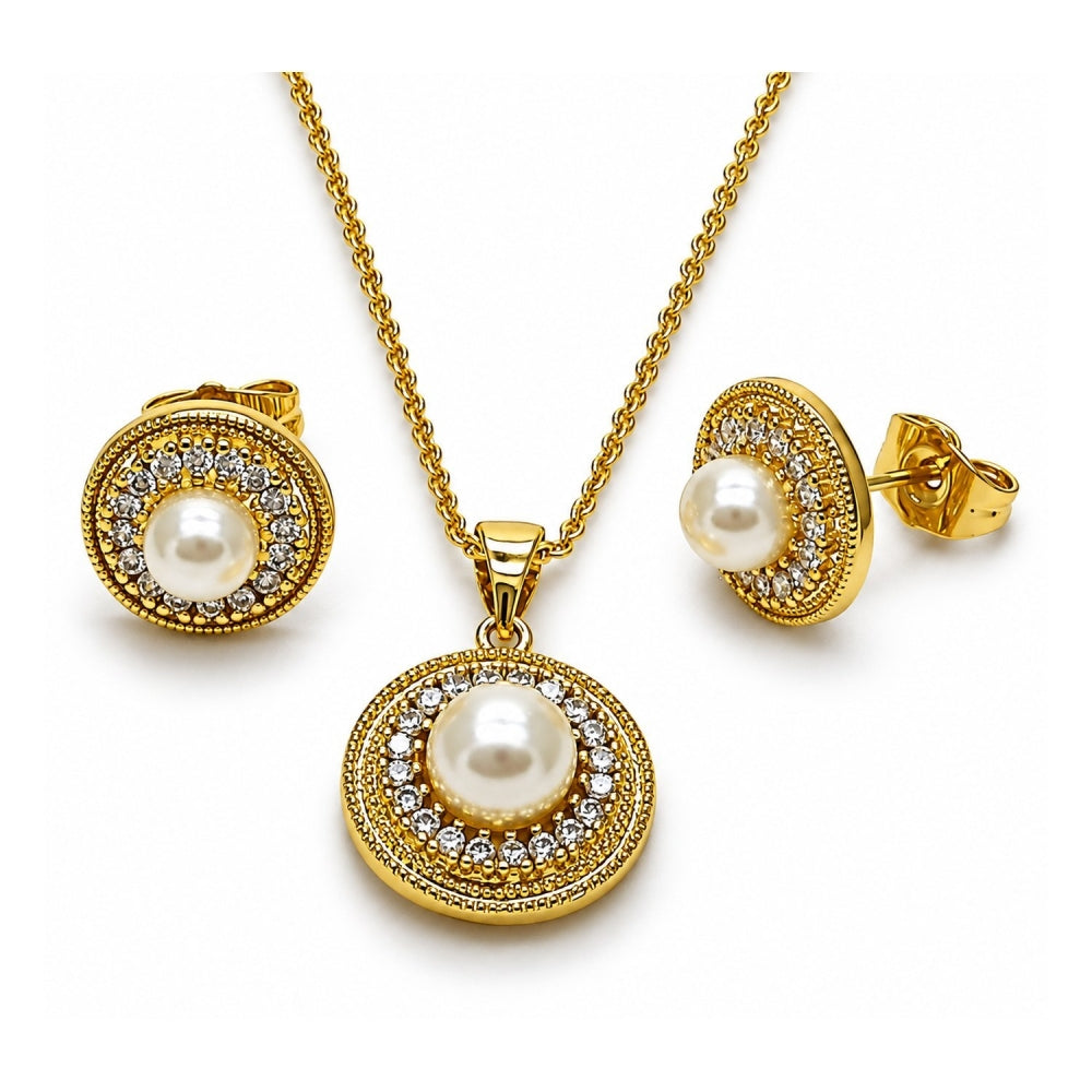 Oro Laminado Earring and Pendant Adult Set, Gold Filled Style Ball and Cluster Design, with Ivory Pearl and White Cubic Zirconia, Polished, Golden Finish