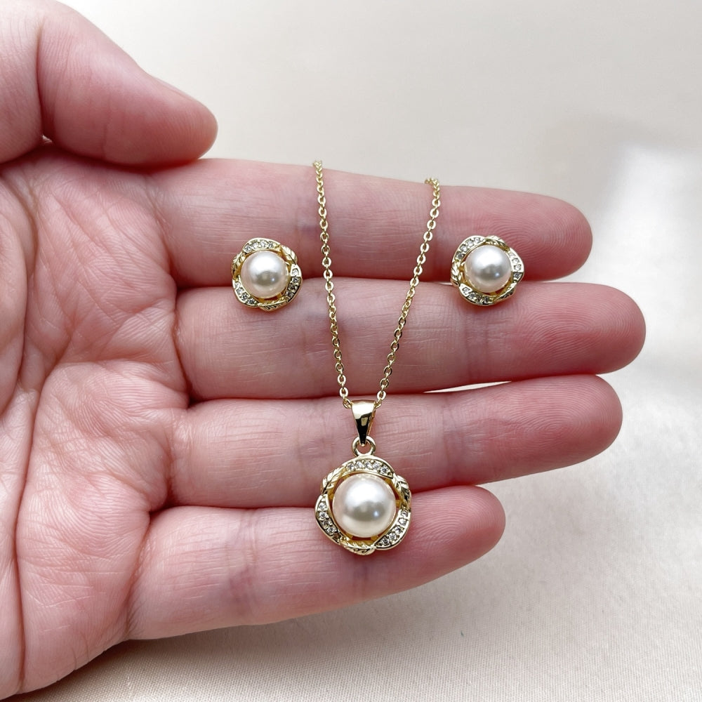 Oro Laminado Earring and Pendant Adult Set, Gold Filled Style Flower and Ball Design, with Ivory Pearl and White Micro Pave, Polished, Golden Finish
