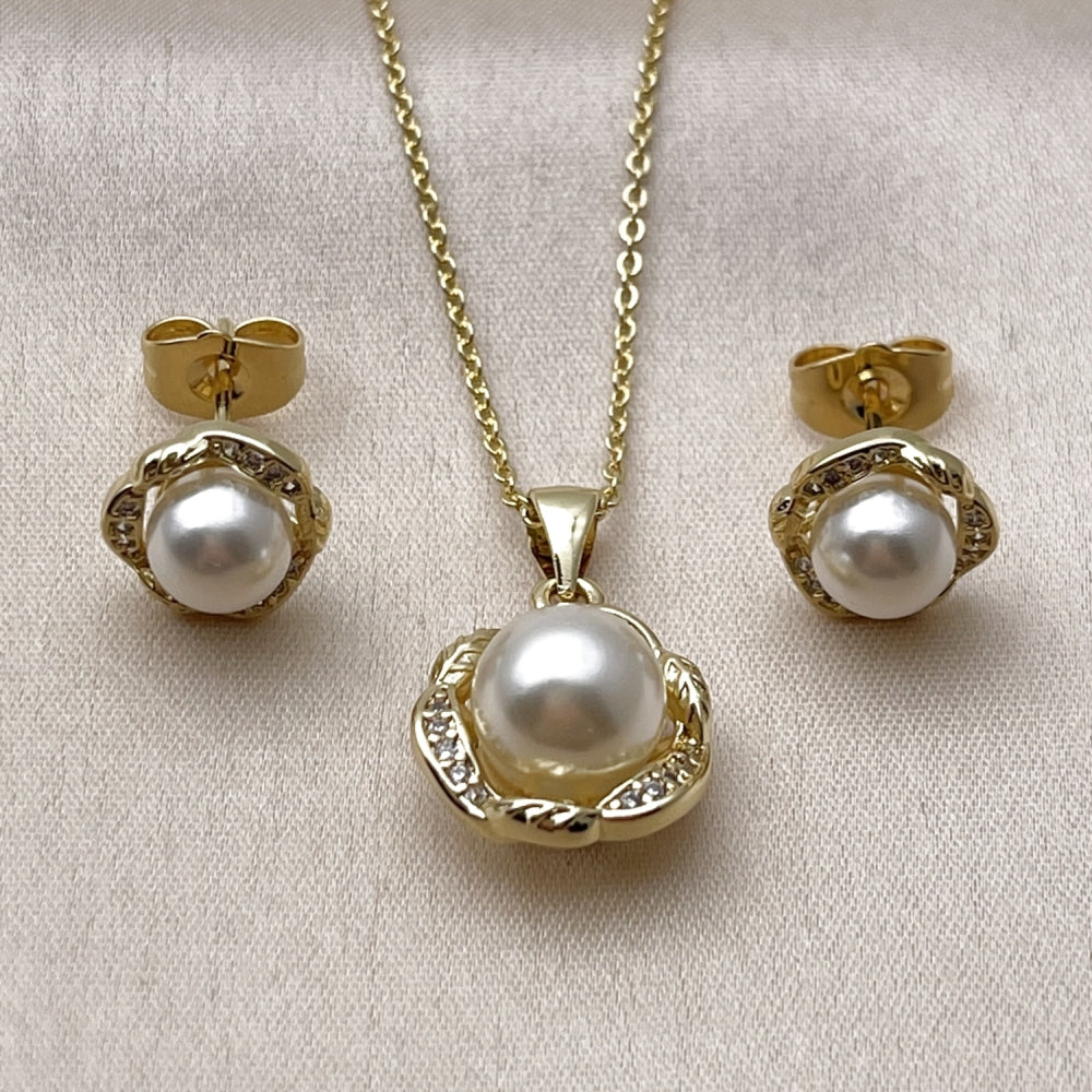 Oro Laminado Earring and Pendant Adult Set, Gold Filled Style Flower and Ball Design, with Ivory Pearl and White Micro Pave, Polished, Golden Finish