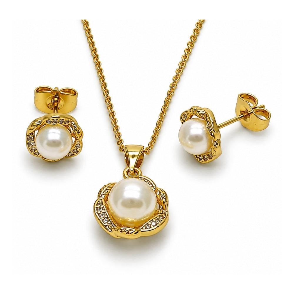 Oro Laminado Earring and Pendant Adult Set, Gold Filled Style Flower and Ball Design, with Ivory Pearl and White Micro Pave, Polished, Golden Finish