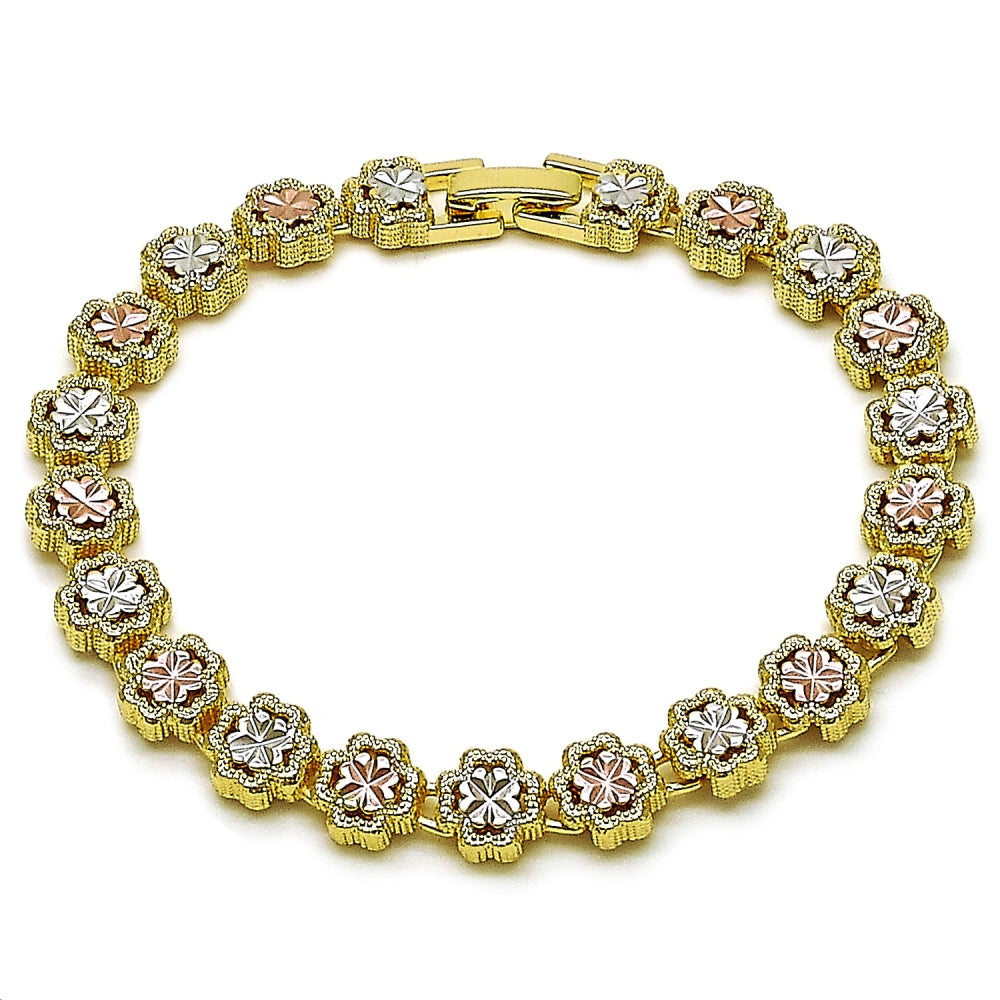 Oro Laminado Solid Bracelet, Gold Filled Style Four-leaf Clover Design, Diamond Cutting Finish, Tricolor