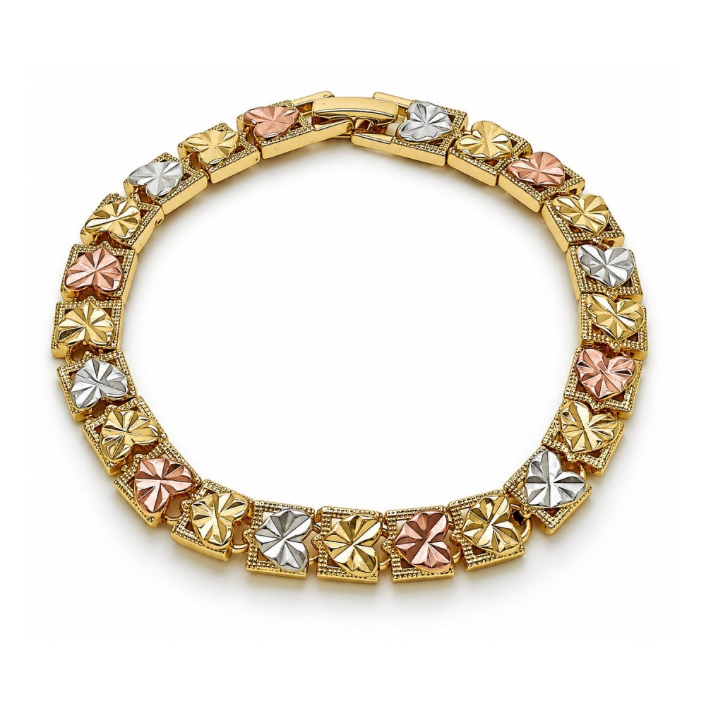 Oro Laminado Solid Bracelet, Gold Filled Style Heart Design, Diamond Cutting Finish, Tricolor