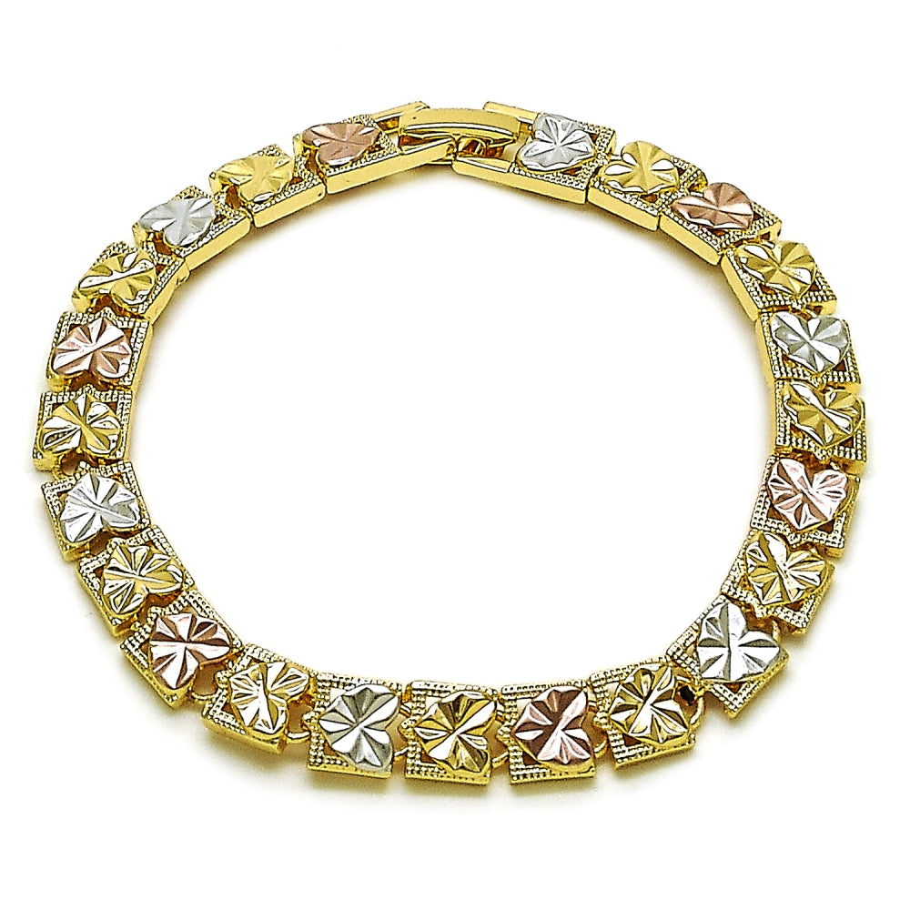 Oro Laminado Solid Bracelet, Gold Filled Style Heart Design, Diamond Cutting Finish, Tricolor