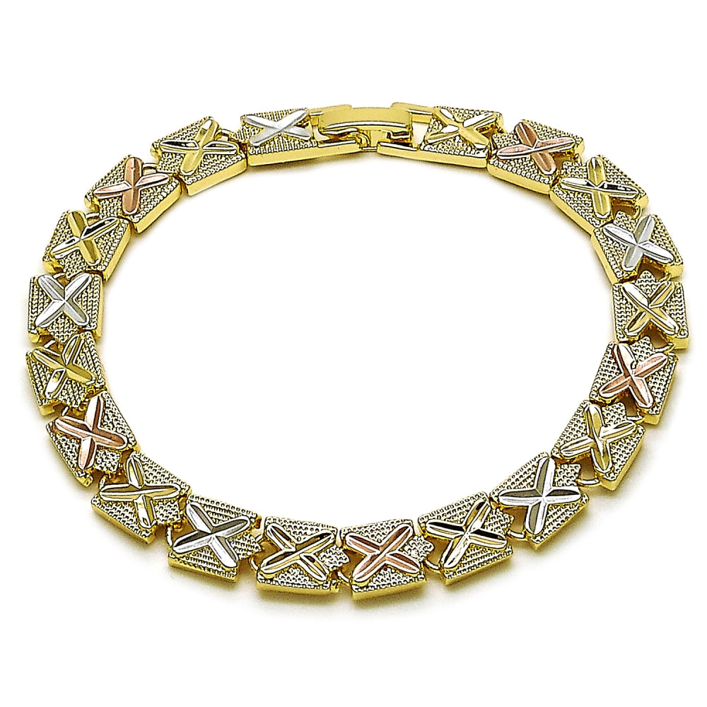 Oro Laminado Solid Bracelet, Gold Filled Style Diamond Cutting Finish, Tricolor
