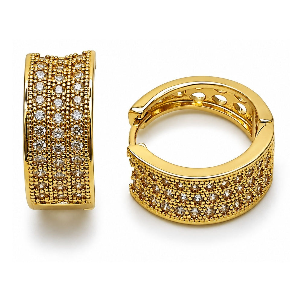 Oro Laminado Huggie Hoop, Gold Filled Style Teardrop Design, with White Cubic Zirconia, Polished, Golden Finish