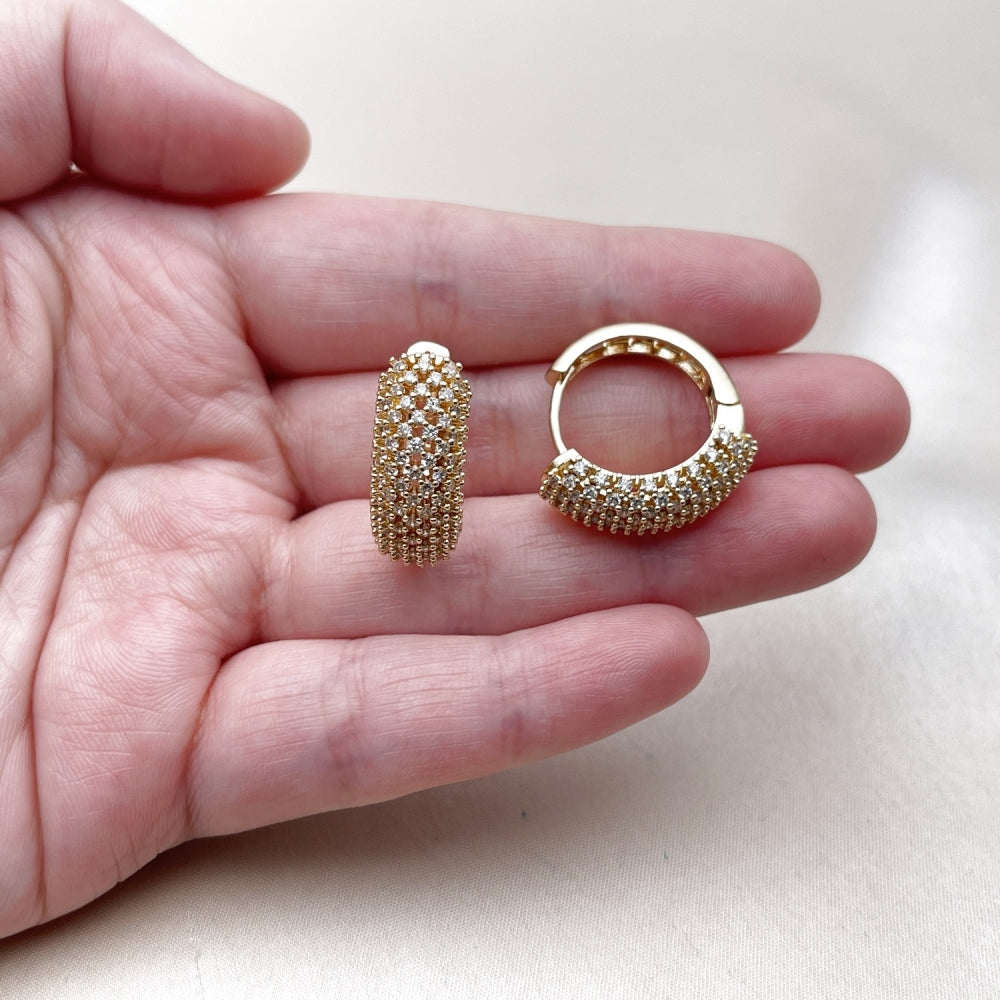 Oro Laminado Huggie Hoop, Gold Filled Style Heart Design, with White Cubic Zirconia, Polished, Golden Finish