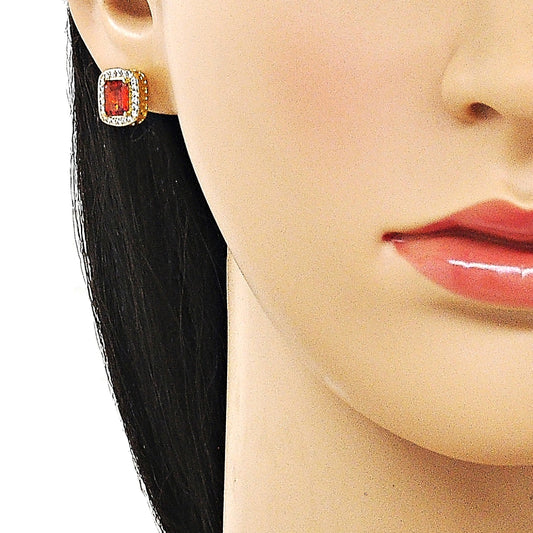 Oro Laminado Stud Earring, Gold Filled Style Cluster and Greek Key Design, with Garnet Cubic Zirconia and White Micro Pave, Polished, Golden Finish
