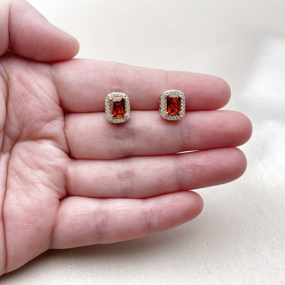 Oro Laminado Stud Earring, Gold Filled Style Cluster and Greek Key Design, with Garnet Cubic Zirconia and White Micro Pave, Polished, Golden Finish