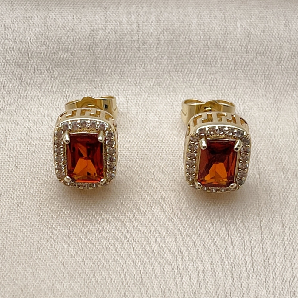 Oro Laminado Stud Earring, Gold Filled Style Cluster and Greek Key Design, with Garnet Cubic Zirconia and White Micro Pave, Polished, Golden Finish