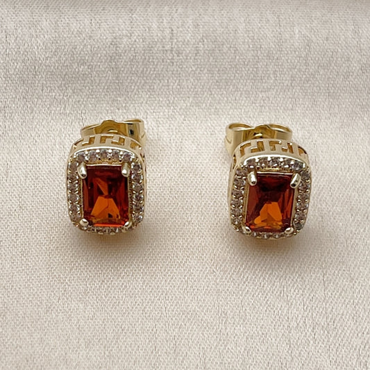 Oro Laminado Stud Earring, Gold Filled Style Cluster and Greek Key Design, with Garnet Cubic Zirconia and White Micro Pave, Polished, Golden Finish
