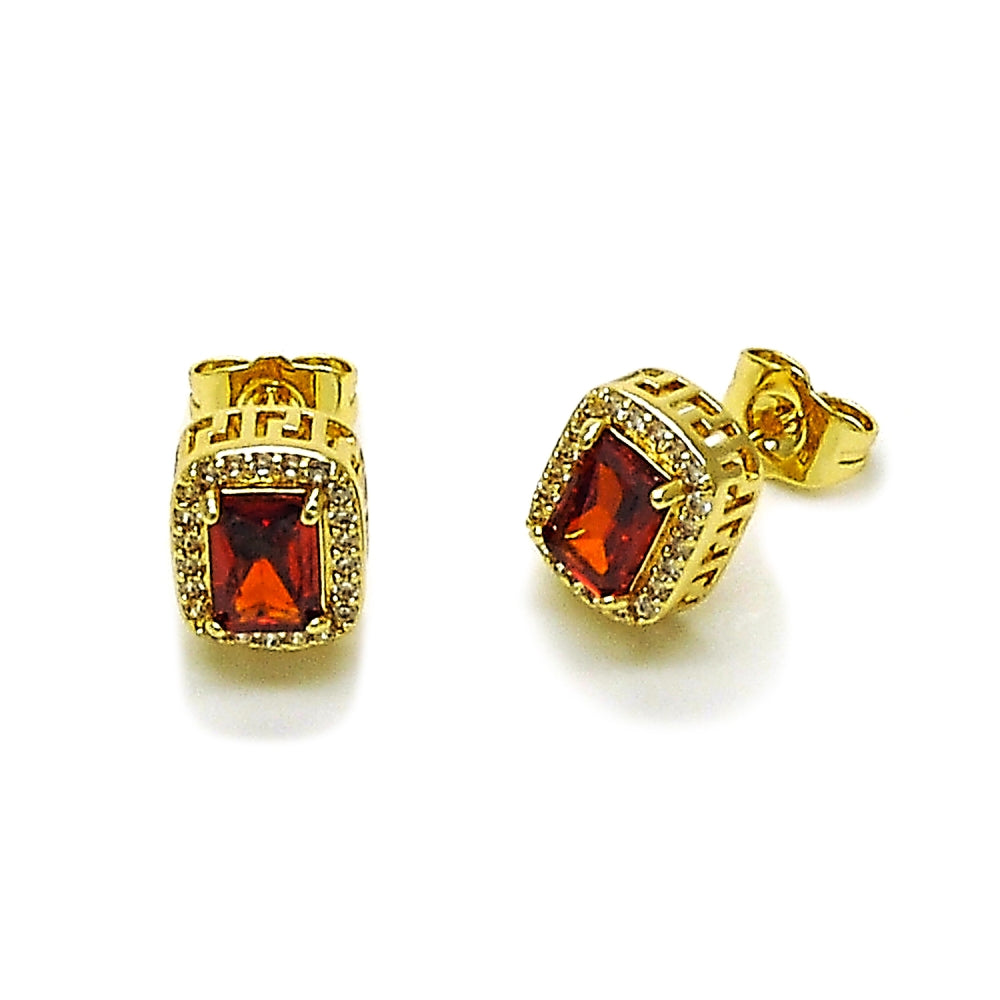 Oro Laminado Stud Earring, Gold Filled Style Cluster and Greek Key Design, with Garnet Cubic Zirconia and White Micro Pave, Polished, Golden Finish