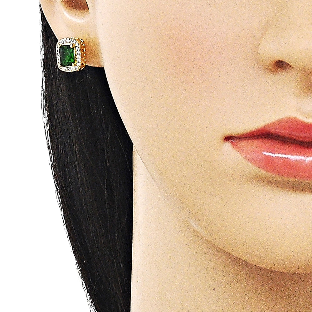 Oro Laminado Stud Earring, Gold Filled Style Cluster and Greek Key Design, with Green Cubic Zirconia and White Micro Pave, Polished, Golden Finish