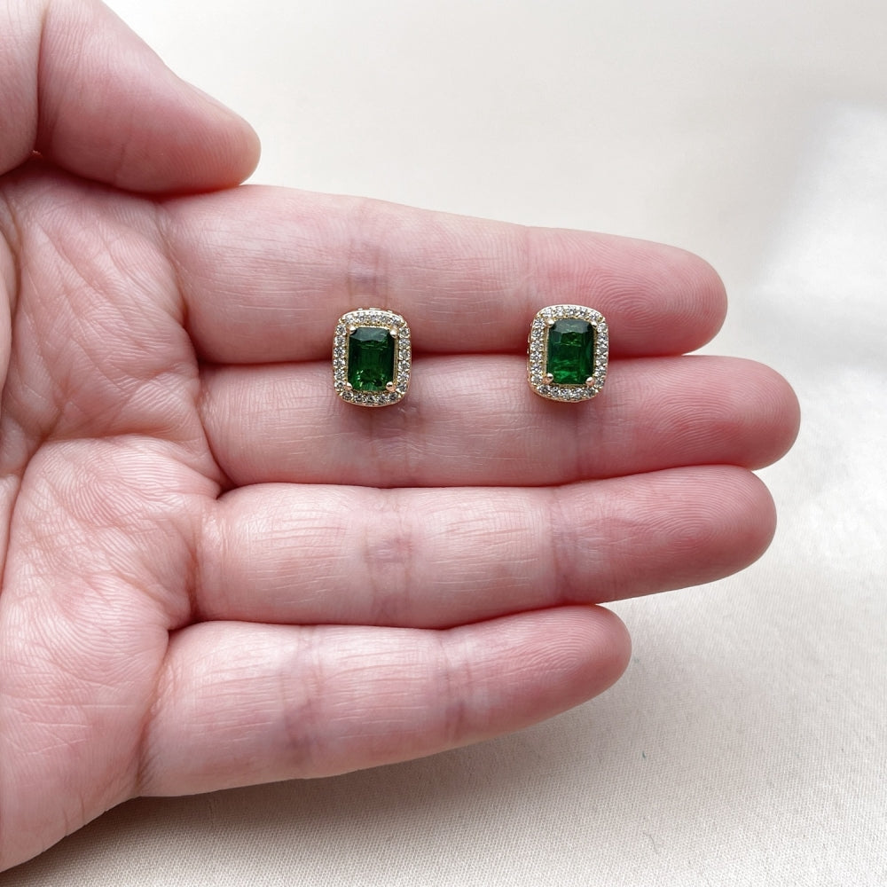 Oro Laminado Stud Earring, Gold Filled Style Cluster and Greek Key Design, with Green Cubic Zirconia and White Micro Pave, Polished, Golden Finish