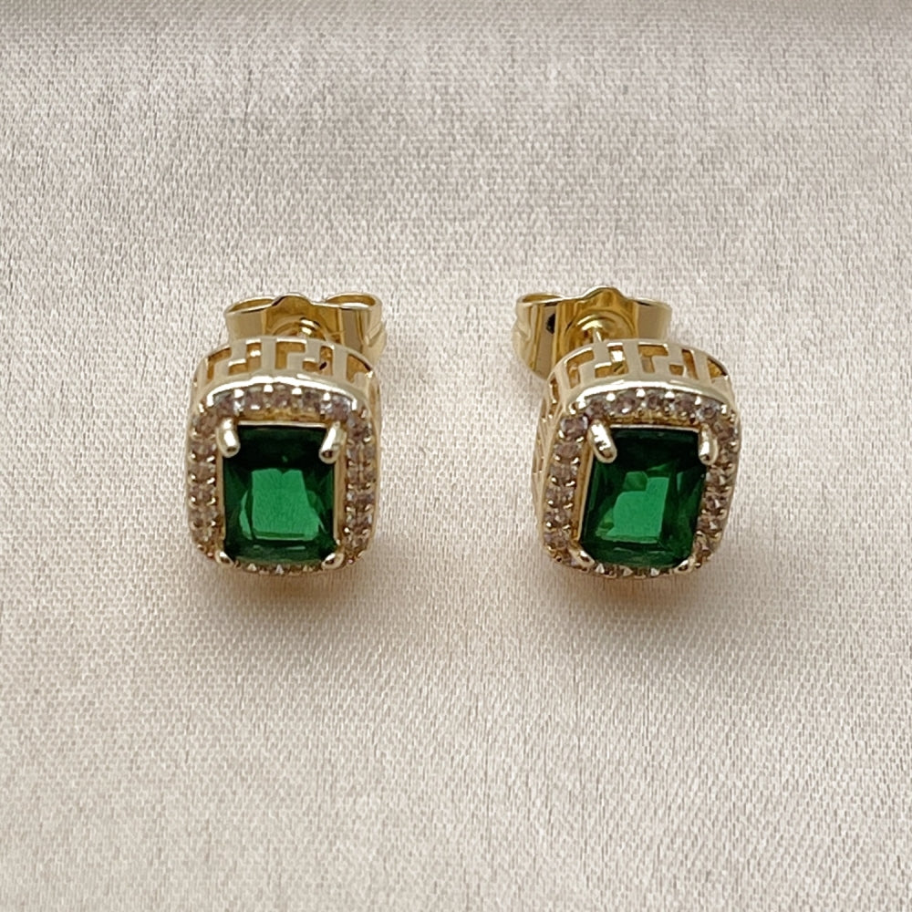 Oro Laminado Stud Earring, Gold Filled Style Cluster and Greek Key Design, with Green Cubic Zirconia and White Micro Pave, Polished, Golden Finish