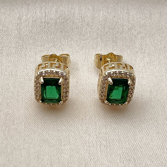 Oro Laminado Stud Earring, Gold Filled Style Cluster and Greek Key Design, with Green Cubic Zirconia and White Micro Pave, Polished, Golden Finish