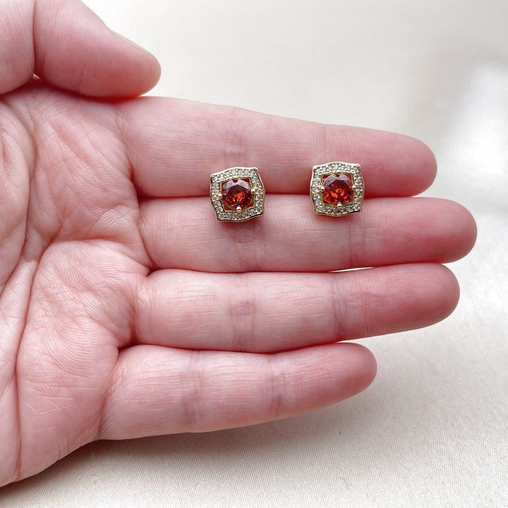 Oro Laminado Stud Earring, Gold Filled Style Cluster Design, with Garnet and White Cubic Zirconia, Polished, Golden Finish