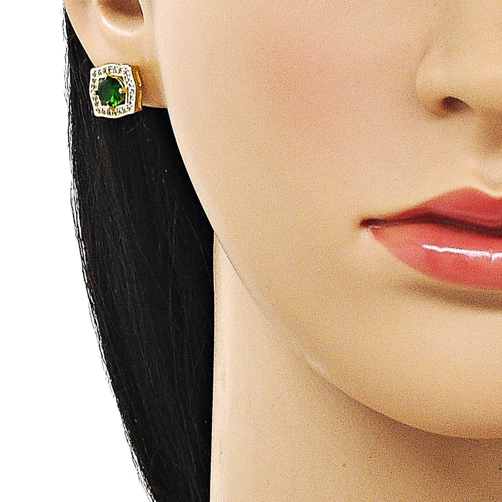 Oro Laminado Stud Earring, Gold Filled Style Cluster Design, with Green and White Cubic Zirconia, Polished, Golden Finish