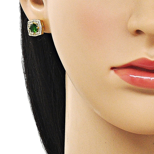 Oro Laminado Stud Earring, Gold Filled Style Cluster Design, with Green and White Cubic Zirconia, Polished, Golden Finish