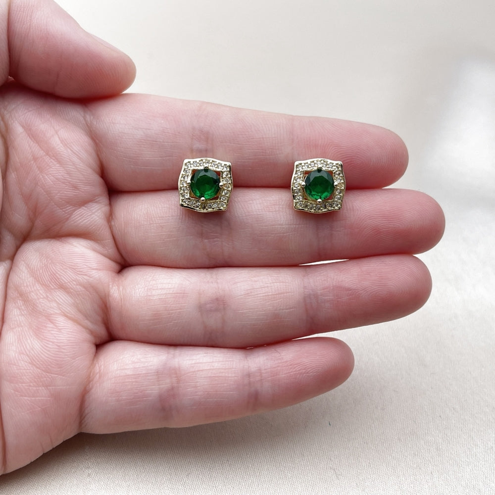Oro Laminado Stud Earring, Gold Filled Style Cluster Design, with Green and White Cubic Zirconia, Polished, Golden Finish