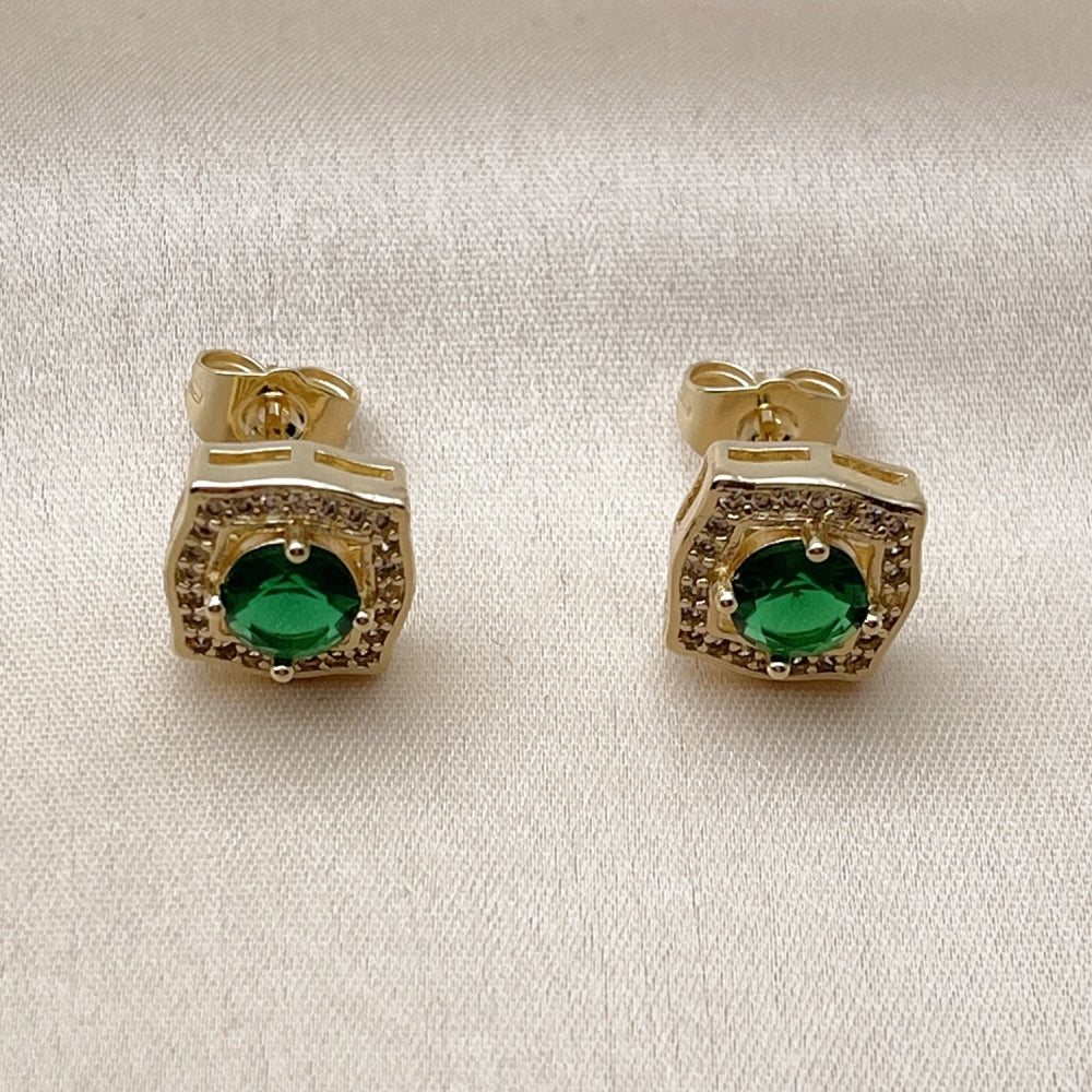 Oro Laminado Stud Earring, Gold Filled Style Cluster Design, with Green and White Cubic Zirconia, Polished, Golden Finish