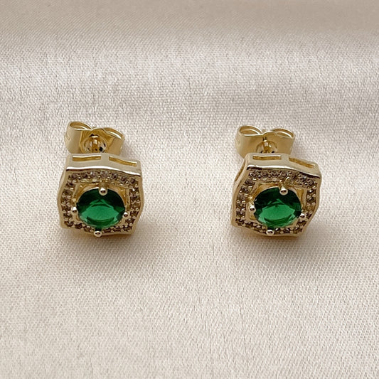 Oro Laminado Stud Earring, Gold Filled Style Cluster Design, with Green and White Cubic Zirconia, Polished, Golden Finish