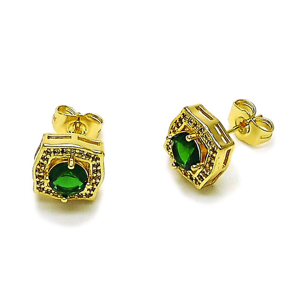 Oro Laminado Stud Earring, Gold Filled Style Cluster Design, with Green and White Cubic Zirconia, Polished, Golden Finish