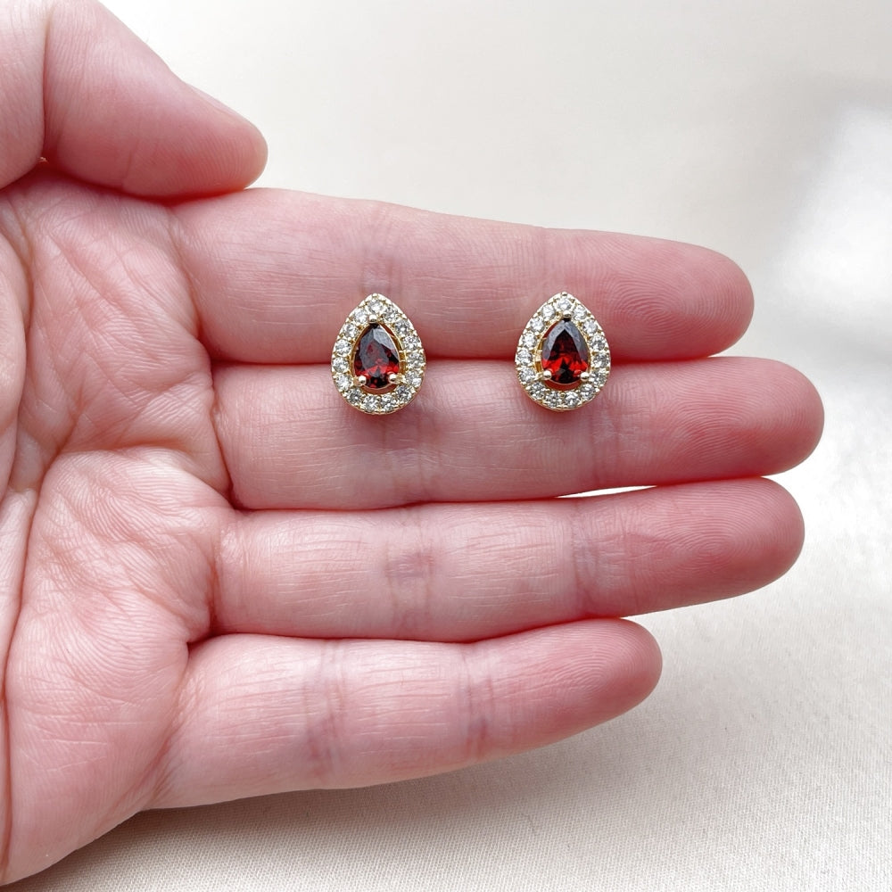 Oro Laminado Stud Earring, Gold Filled Style Teardrop and Cluster Design, with Garnet and White Cubic Zirconia, Polished, Golden Finish