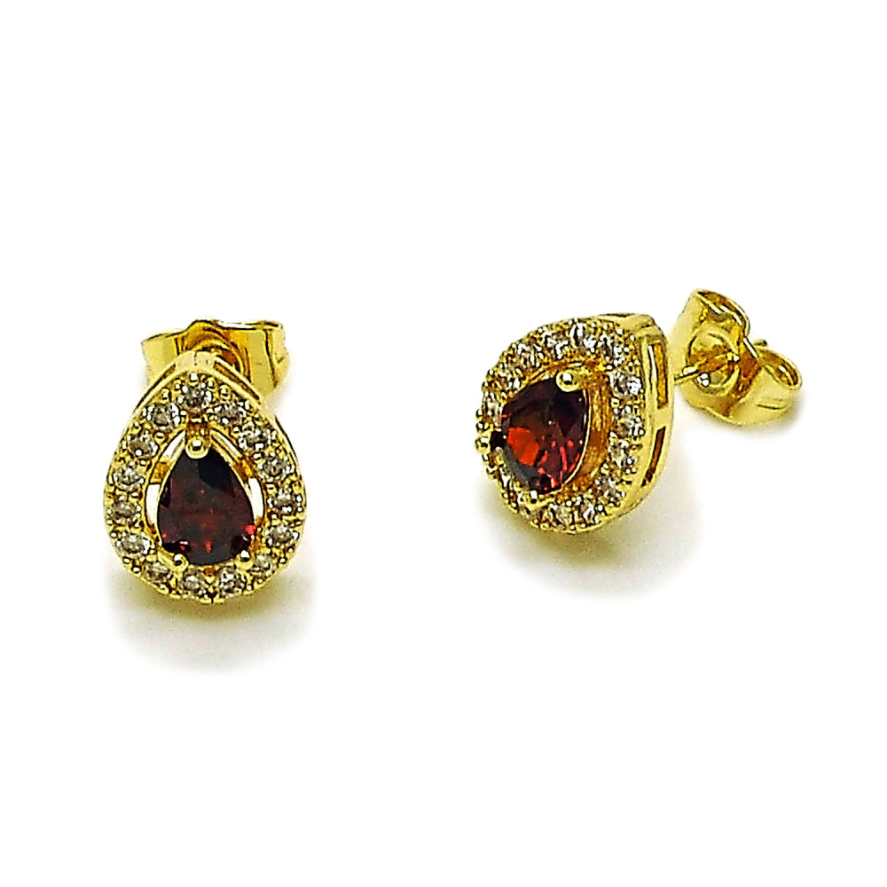 Oro Laminado Stud Earring, Gold Filled Style Teardrop and Cluster Design, with Garnet and White Cubic Zirconia, Polished, Golden Finish