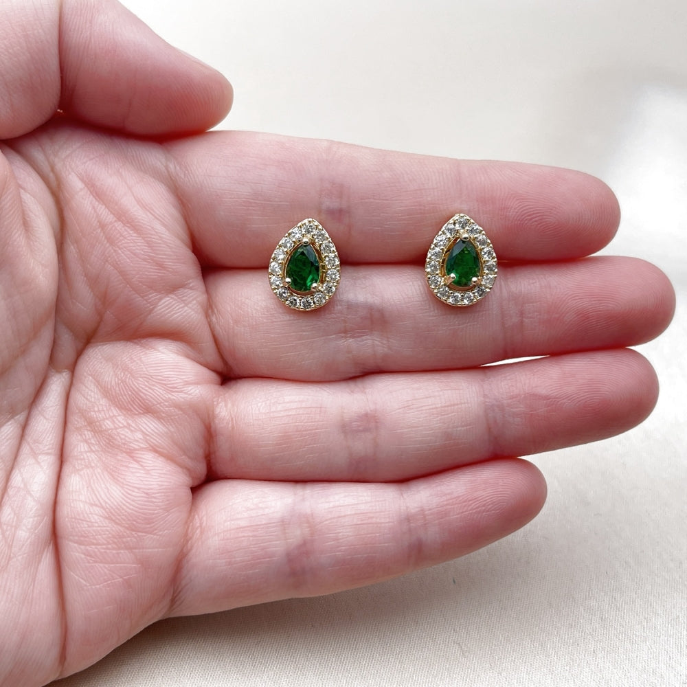 Oro Laminado Stud Earring, Gold Filled Style Teardrop and Cluster Design, with Green and White Cubic Zirconia, Polished, Golden Finish