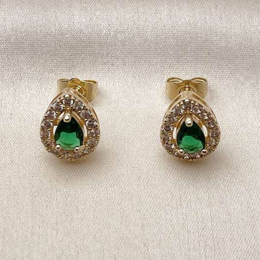 Oro Laminado Stud Earring, Gold Filled Style Teardrop and Cluster Design, with Green and White Cubic Zirconia, Polished, Golden Finish