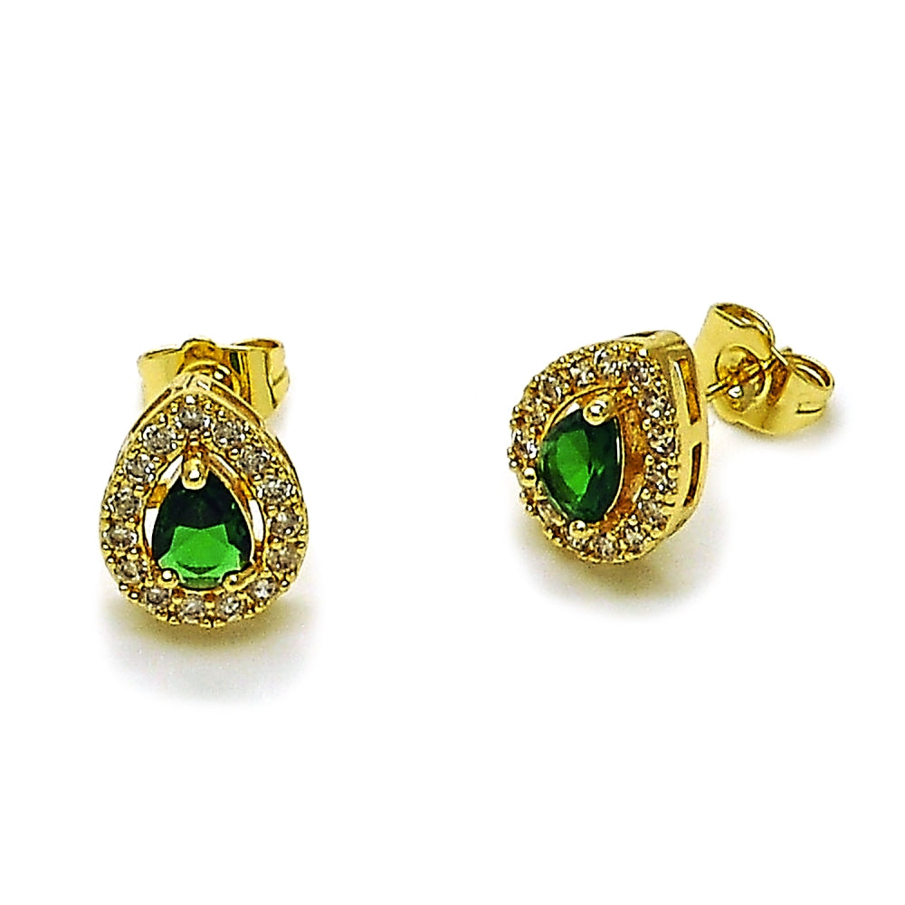 Oro Laminado Stud Earring, Gold Filled Style Teardrop and Cluster Design, with Green and White Cubic Zirconia, Polished, Golden Finish