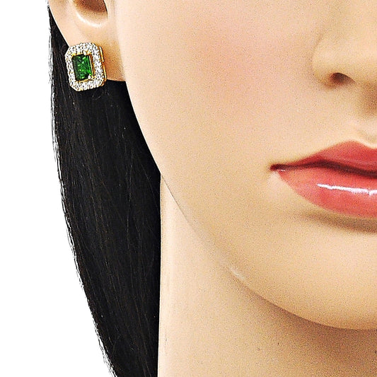 Oro Laminado Stud Earring, Gold Filled Style Cluster Design, with Green and White Cubic Zirconia, Polished, Golden Finish