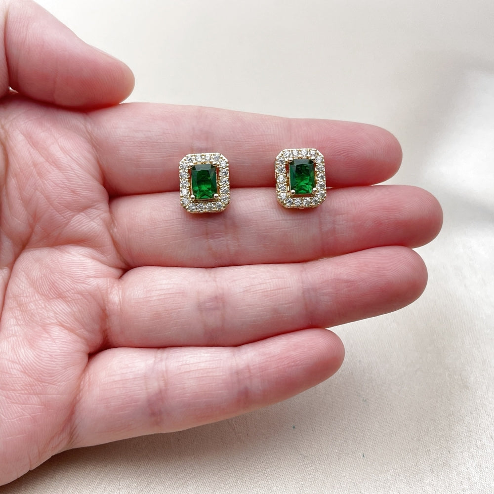Oro Laminado Stud Earring, Gold Filled Style Cluster Design, with Green and White Cubic Zirconia, Polished, Golden Finish