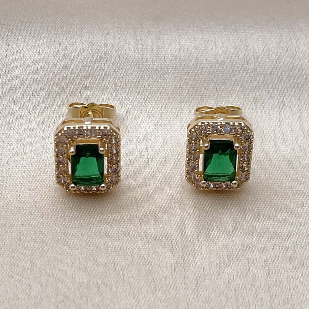 Oro Laminado Stud Earring, Gold Filled Style Cluster Design, with Green and White Cubic Zirconia, Polished, Golden Finish