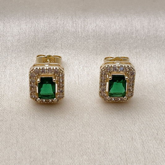 Oro Laminado Stud Earring, Gold Filled Style Cluster Design, with Green and White Cubic Zirconia, Polished, Golden Finish
