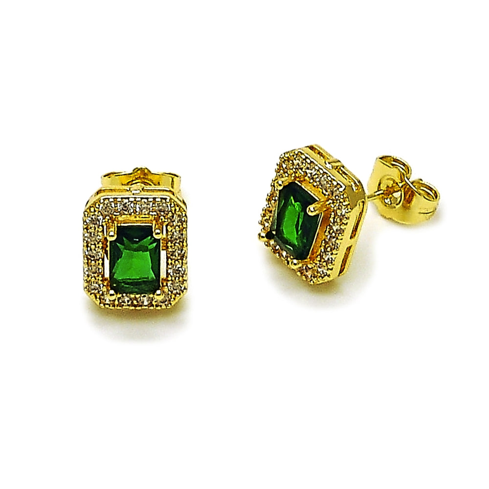 Oro Laminado Stud Earring, Gold Filled Style Cluster Design, with Green and White Cubic Zirconia, Polished, Golden Finish