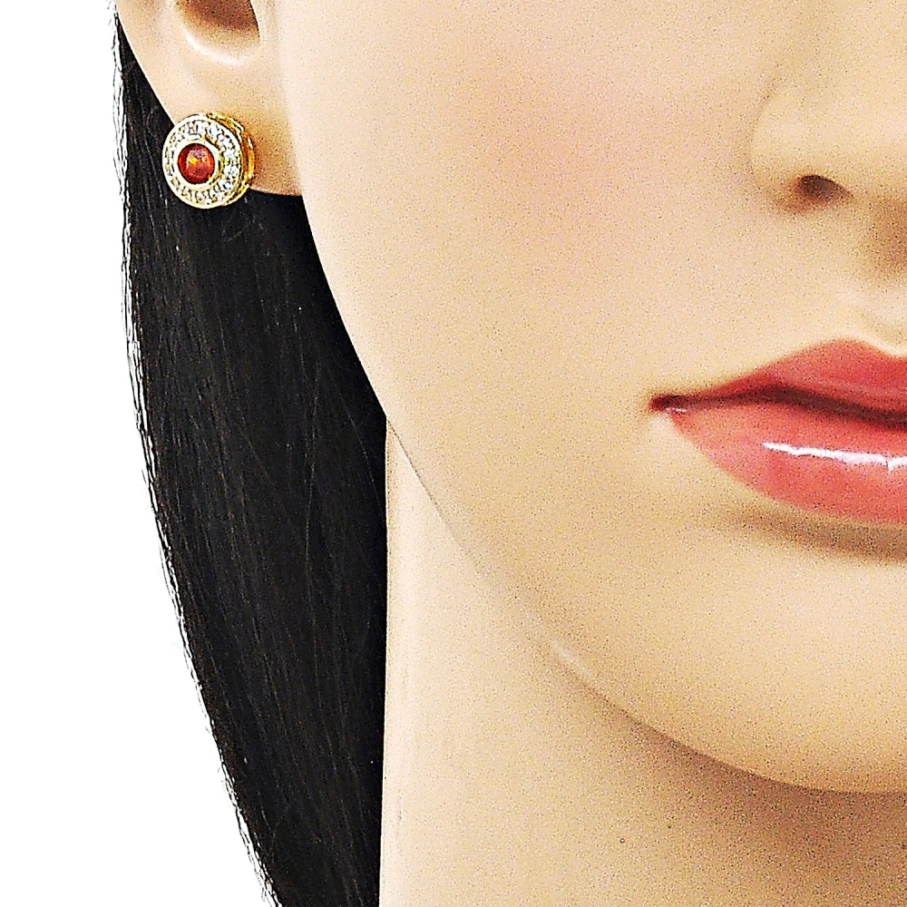 Oro Laminado Stud Earring, Gold Filled Style Cluster Design, with Garnet and White Cubic Zirconia, Polished, Golden Finish
