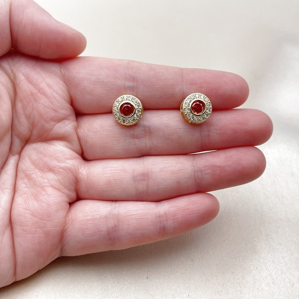 Oro Laminado Stud Earring, Gold Filled Style Cluster Design, with Garnet and White Cubic Zirconia, Polished, Golden Finish