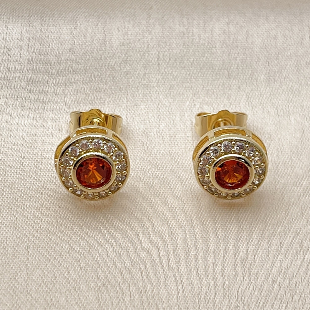 Oro Laminado Stud Earring, Gold Filled Style Cluster Design, with Garnet and White Cubic Zirconia, Polished, Golden Finish