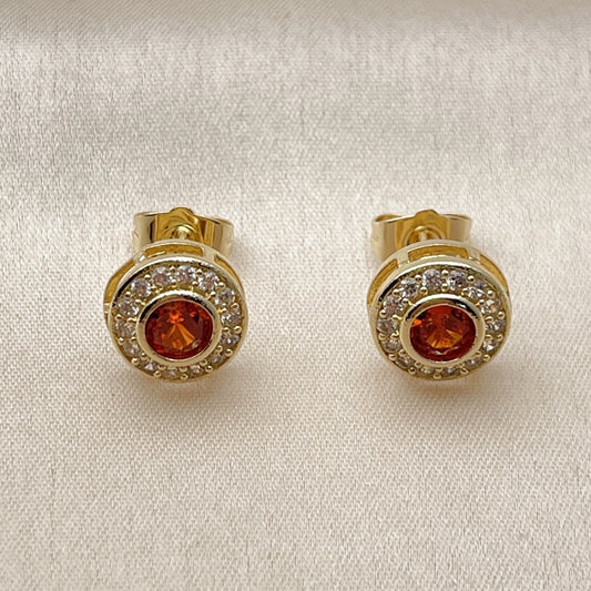 Oro Laminado Stud Earring, Gold Filled Style Cluster Design, with Garnet and White Cubic Zirconia, Polished, Golden Finish