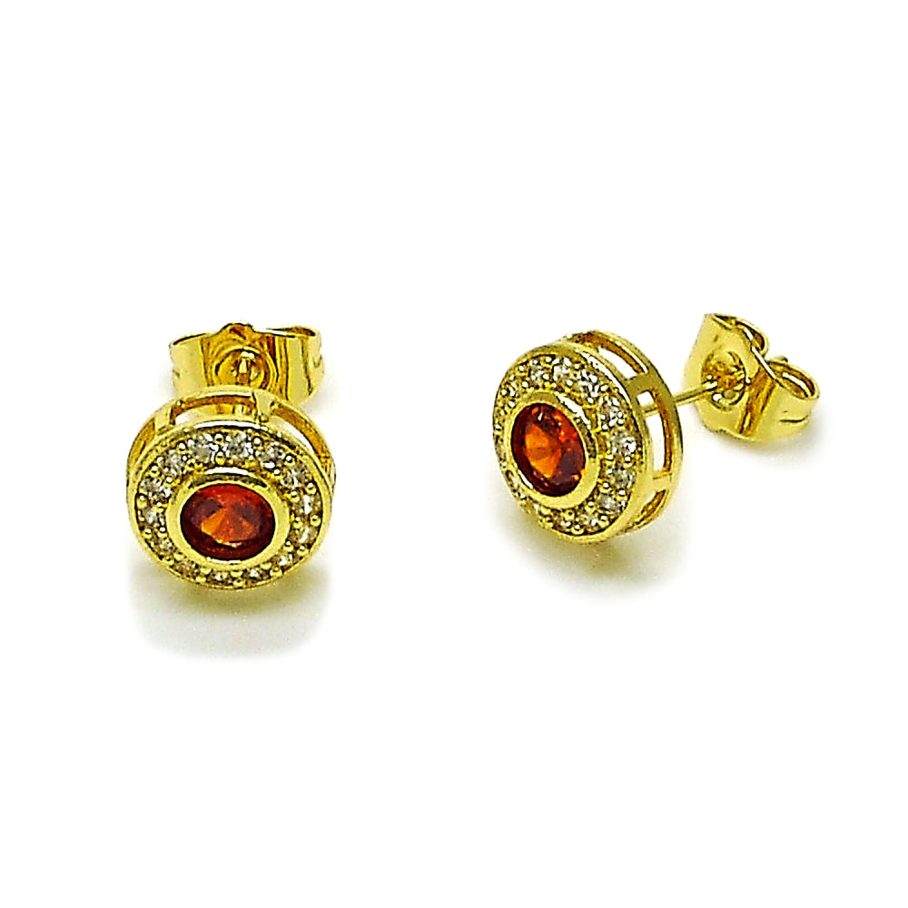 Oro Laminado Stud Earring, Gold Filled Style Cluster Design, with Garnet and White Cubic Zirconia, Polished, Golden Finish