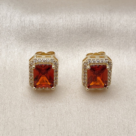Oro Laminado Stud Earring, Gold Filled Style Cluster Design, with Garnet Cubic Zirconia and White Micro Pave, Polished, Golden Finish