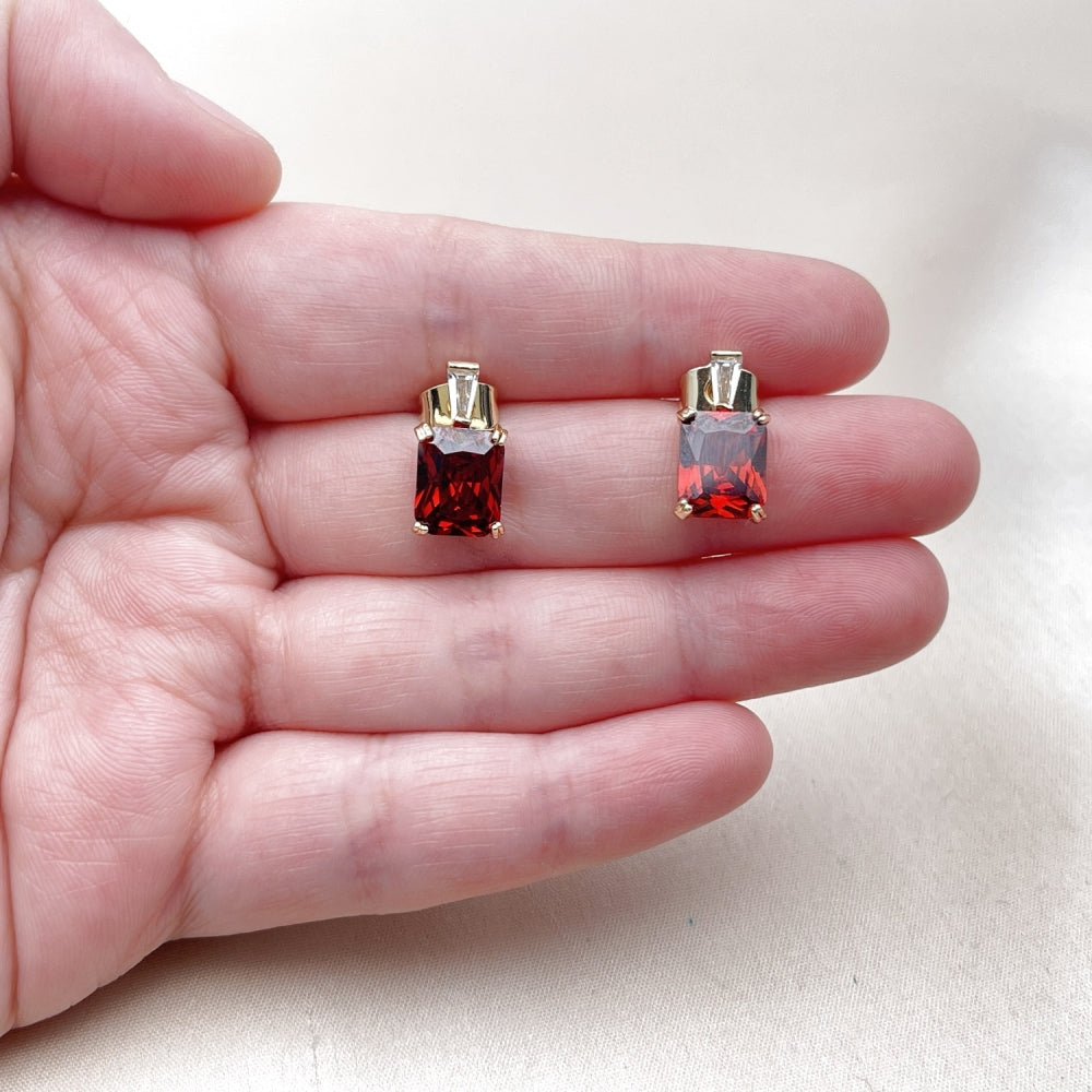 Oro Laminado Stud Earring, Gold Filled Style Baguette Design, with Garnet and White Cubic Zirconia, Polished, Golden Finish