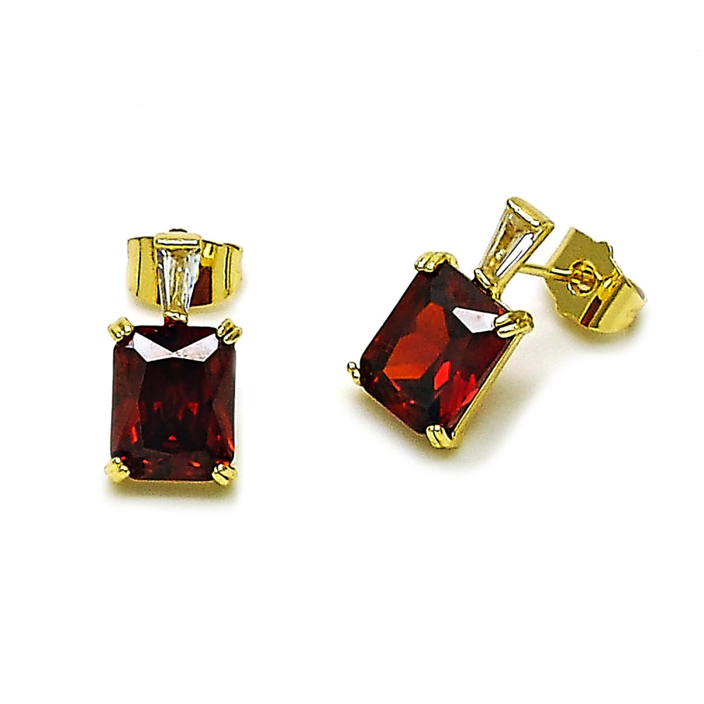 Oro Laminado Stud Earring, Gold Filled Style Baguette Design, with Garnet and White Cubic Zirconia, Polished, Golden Finish
